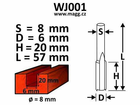 Straight bit - D=6, H=20, L=57, S=8mm