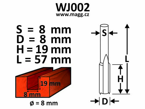 Straight bit - D=8, H=19, L=57, S=8mm