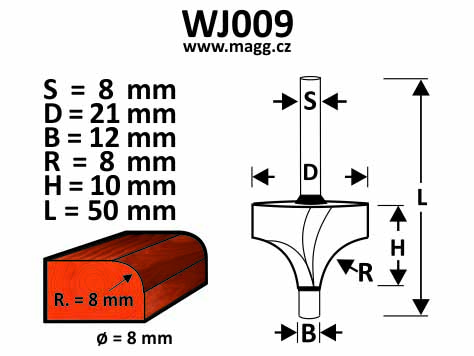 Roundover bit - D=21, H=8,5 L=50, R=4,5 B=12, S=8mm