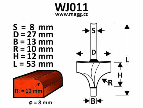 Roundover bit - D=30, H=14, L=56, R=8,65 B=12,5 S=8mm