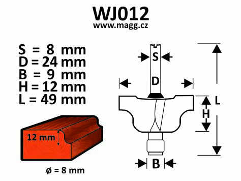 Roundover bit - D=24, H=12, L=49, B=9, S=8mm