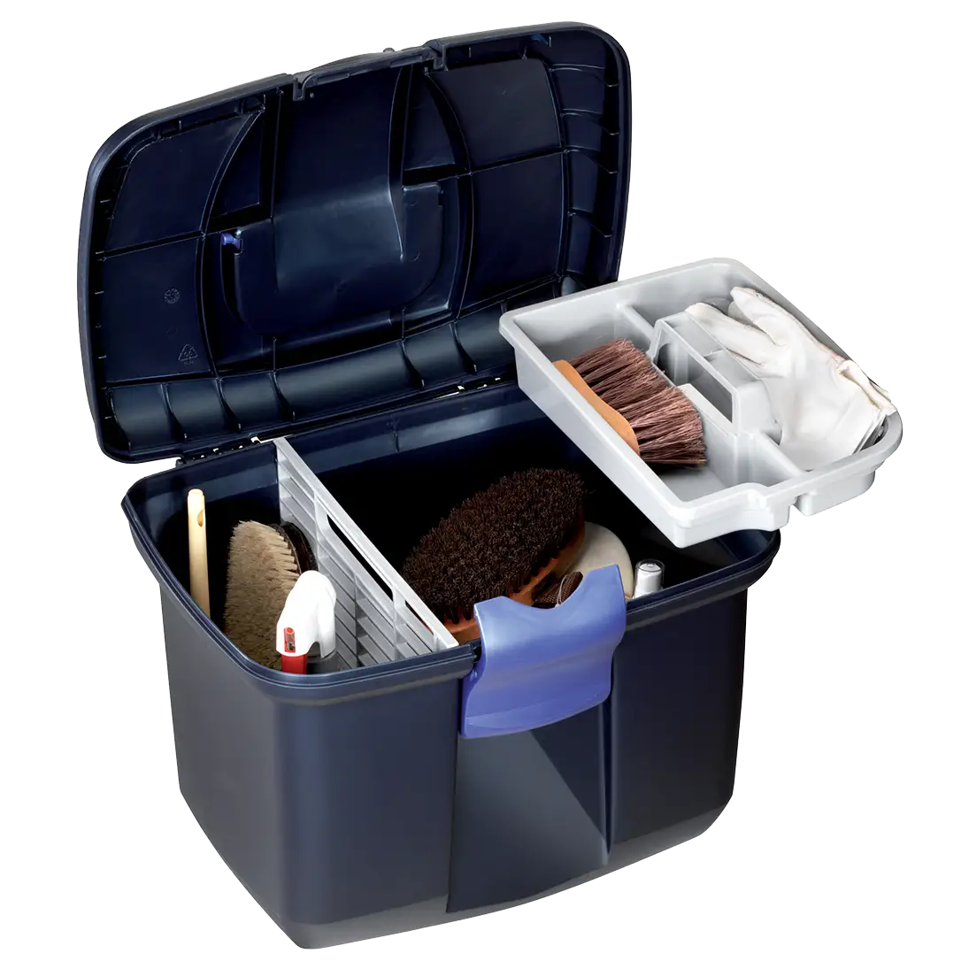 Polypropylene horse grooming box with one moveable tray and removable brush holder