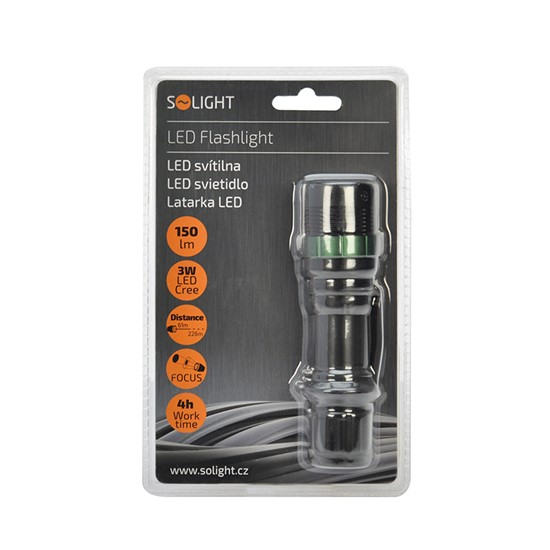 SOLIGHT - LED metal lamp 3W CREE LED, black, focus, 3x AAA